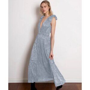 Sabina Musayev Helena Metallic Pleated Tie Shoulder Belted Maxi Dress in Light B